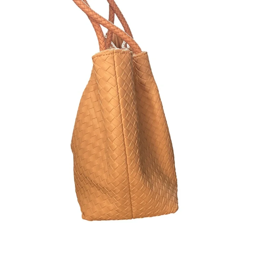 LuLu Dharma Woven Vegan Leather Tote Bag Blush Pink Braided Handle Shoulder‎ Bag